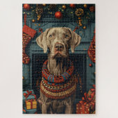 Weimaraner Hund mit Weihnachtsgeschenke Feuerplatz Puzzle (Vertikal)