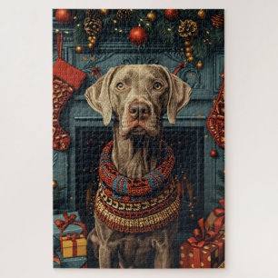 Weimaraner Hund mit Weihnachtsgeschenke Feuerplatz Puzzle