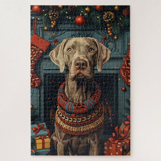 Weimaraner Hund mit Weihnachtsgeschenke Feuerplatz Puzzle (Vertikal)