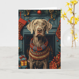 Weimaraner Hund mit Weihnachtsgeschenken Kamin  Karte