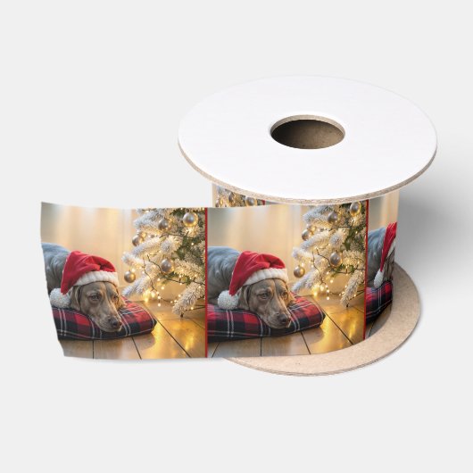 Weimaraner-Hund Weihnachten neben einem Baum Satinband (Spule)