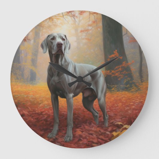 Weimaraner im Herbst Leaves Fall Inspiriert Große Wanduhr (Vorderseite)