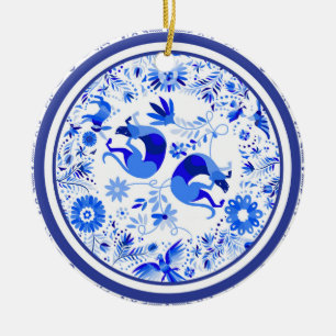 Weimaraner, Kaninchen und Vögel Otomi Blau und Wei Keramik Ornament