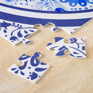 Weimaraner, Kaninchen und Vögel Otomi Blau & Weiß  Puzzle