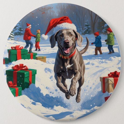 Weimaraner läuft im Schnee mit Weihnachtshut Button (Vorderseite)