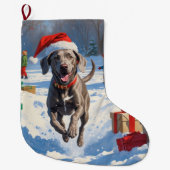 Weimaraner läuft im Schnee mit Weihnachtshut Großer Weihnachtsstrumpf (Vorderseite)