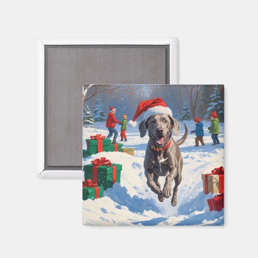 Weimaraner läuft im Schnee mit Weihnachtshut Magnet (Vorderseite/Rückseite)