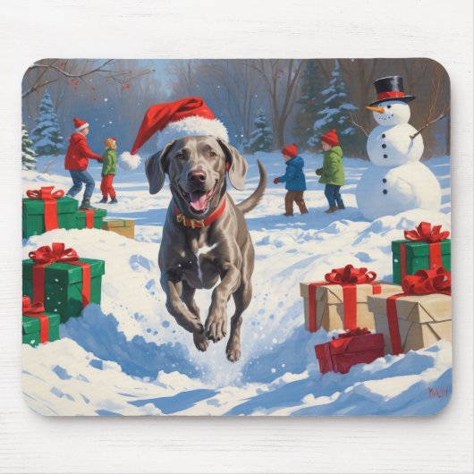 Weimaraner läuft im Schnee mit Weihnachtshut Mousepad (Vorne)