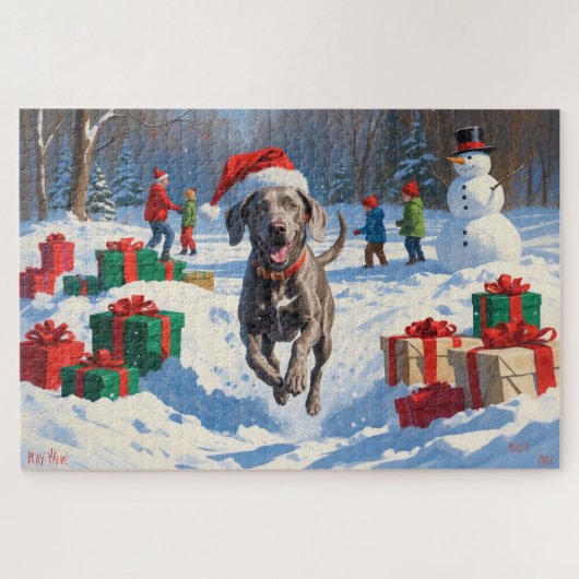 Weimaraner läuft im Schnee mit Weihnachtshut Puzzle (Horizontal)