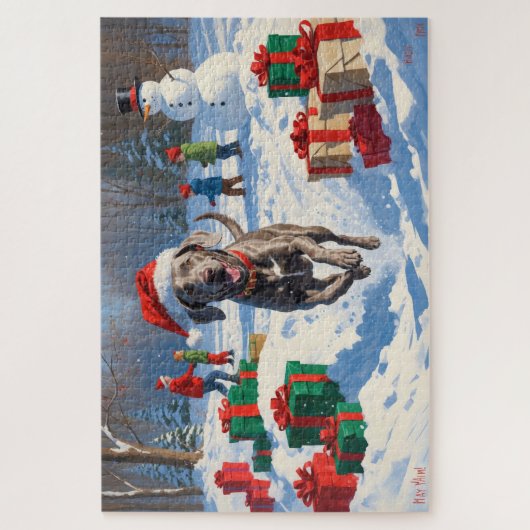 Weimaraner läuft im Schnee mit Weihnachtshut Puzzle (Vertikal)