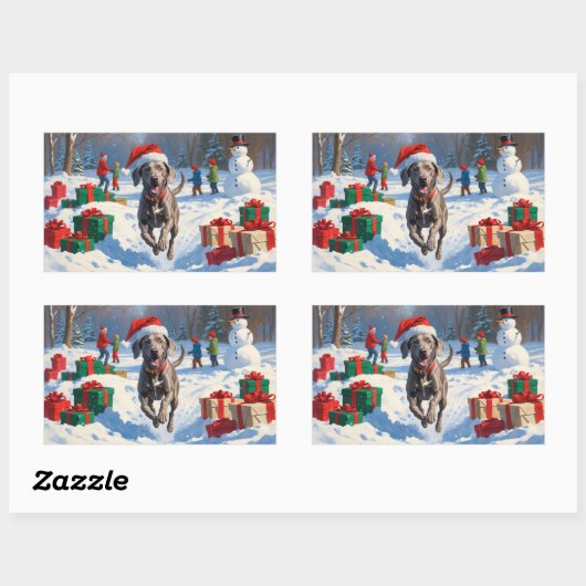 Weimaraner läuft im Schnee mit Weihnachtshut Rechteckiger Aufkleber (Blatt)