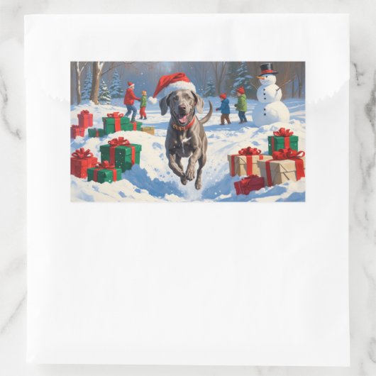 Weimaraner läuft im Schnee mit Weihnachtshut Rechteckiger Aufkleber (Tasche)