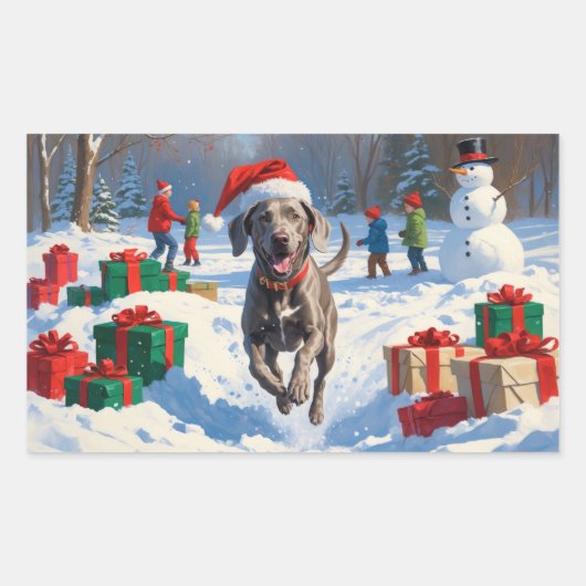 Weimaraner läuft im Schnee mit Weihnachtshut Rechteckiger Aufkleber (Vorderseite)