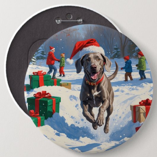 Weimaraner läuft im Schnee mit Weihnachtsmütze Button (Vorne & Hinten)
