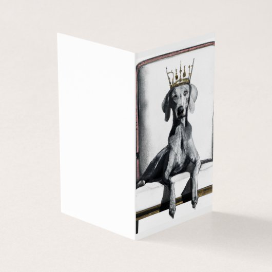 Weimaraner mit einer Krone auf einem Stuhl sitzend (Vorderseite)