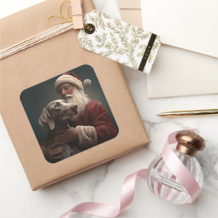 Weimaraner mit Weihnachtsmann Weihnachten Quadratischer Aufkleber