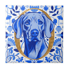 Weimaraner peering thru the letter "O" in Gold Fliese