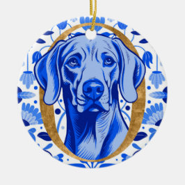 Weimaraner peering thru the letter "O" in Gold Keramik Ornament