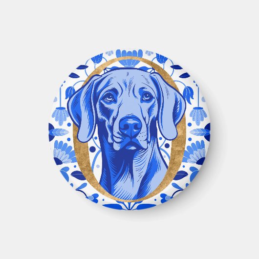 Weimaraner peering thru the letter "O" in Gold Magnet (Vorne)