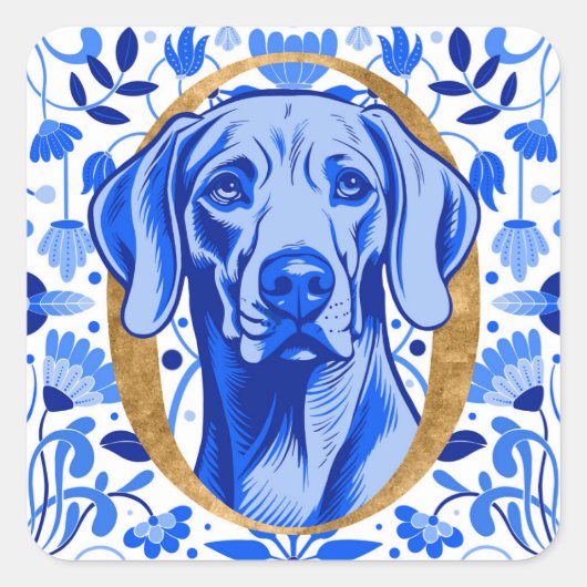 Weimaraner peering thru the letter "O" in Gold Quadratischer Aufkleber (Vorderseite)