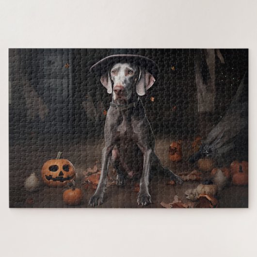 Weimaraner Pumpkins Halloween Beängstigend Puzzle (Horizontal)