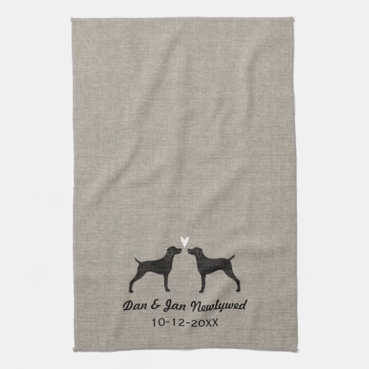Weimaraner Silhouetten mit Herzen und Text Geschirrtuch (Vertikal)