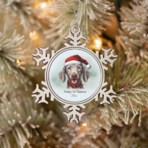 Weimaraner Wasserfarbe Weihnachtsmannmütze Hunde E Schneeflocken Zinn-Ornament