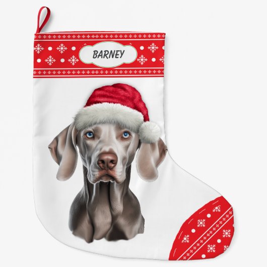 Weimaraner Weihnachtsmannmütze Snowflake Border Großer Weihnachtsstrumpf (Vorderseite)