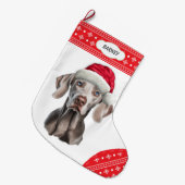 Weimaraner Weihnachtsmannmütze Snowflake Border Großer Weihnachtsstrumpf (Vorderansicht (hängend))
