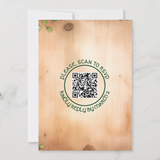 Wein auf Holz St Patrick's Day QR rustikale Hochze Einladung (Rückseite)