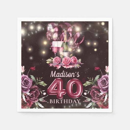 Wein & Balloons 40. Geburtstag Personalisiert Serviette (Vorderseite)
