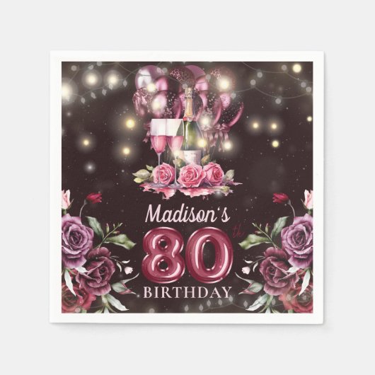 Wein & Balloons 80. Geburtstag Personalisiert Serviette (Vorderseite)