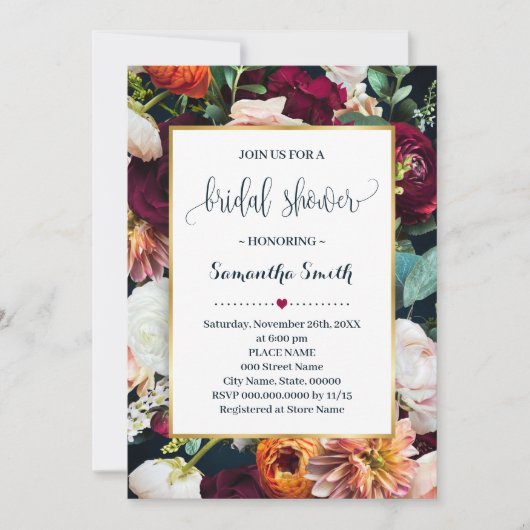 Wein Blume Brautparty Navy Hochzeit Einladung (Vorderseite)