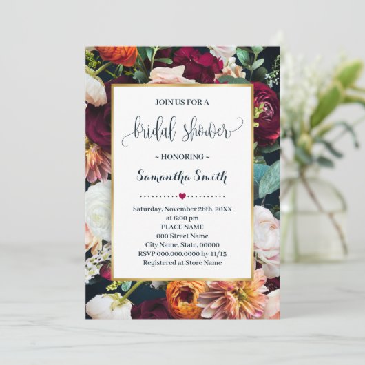 Wein Blume Brautparty Navy Hochzeit Einladung (Stehend Vorderseite)