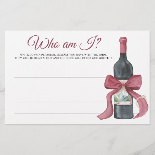 Wein & Bogen Brautparty Wer bin ich Spiel Briefpapier (Vorderseite)