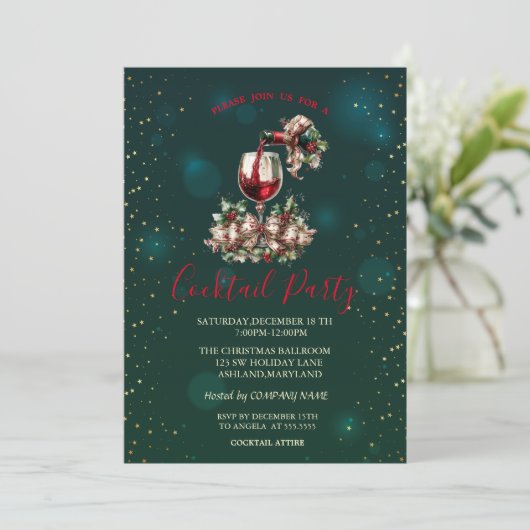 Wein Bootglas Sterne Grün Weihnachtsfeier Einladung (Stehend Vorderseite)