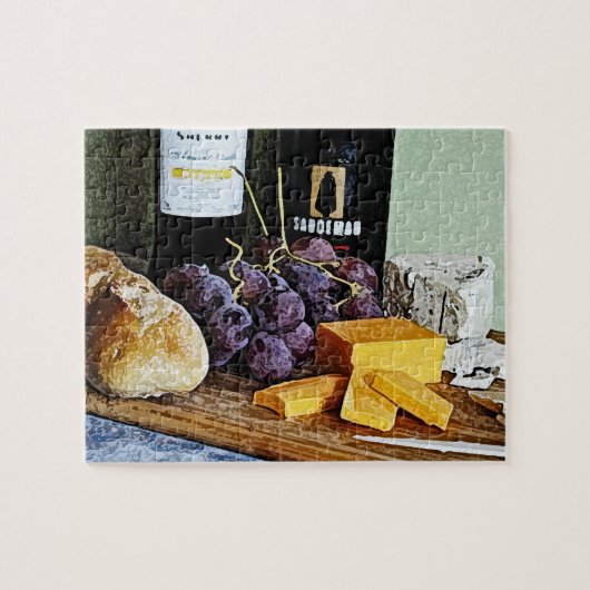 Wein-Brot-Käse-und Trauben-Stillleben Puzzle (Horizontal)