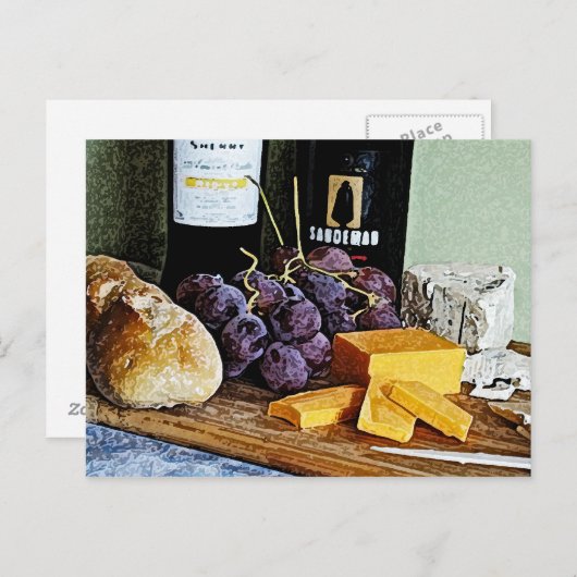 Wein Brotkäse und Trauben Stillleben Postkarte (Vorne/Hinten)
