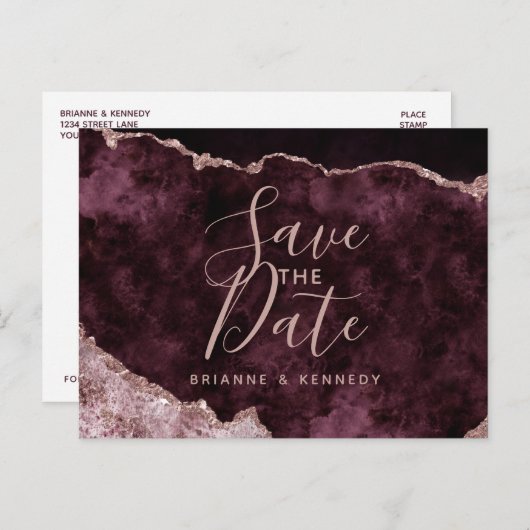 Wein Burgund Rose Gold Agate Marmor Save the Date Ankündigungspostkarte (Vorne/Hinten)