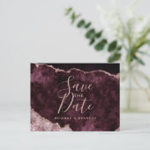 Wein Burgund Rose Gold Agate Marmor Save the Date Ankündigungspostkarte (Stehend Vorderseite)
