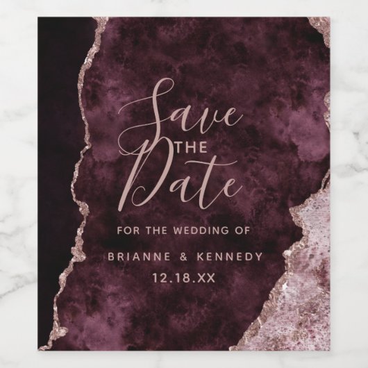 Wein Burgund Rose Gold Agate Marmor Save the Date Weinetikett (Einzelnes Label)