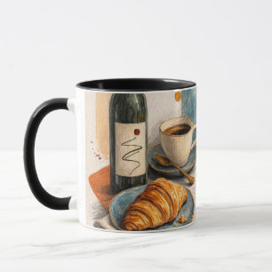 Wein Flasche, Kaffee und Croissant Wandbild Druck Tasse