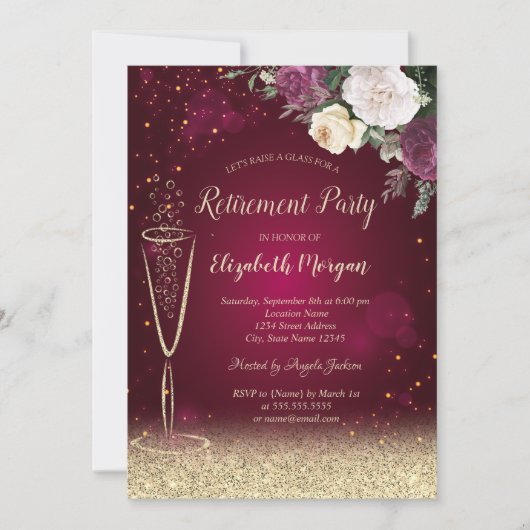 Wein Glas Gold Bokeh Roter Blumenbestand Einladung (Vorderseite)