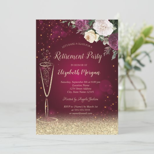 Wein Glas Gold Bokeh Roter Blumenbestand Einladung (Stehend Vorderseite)