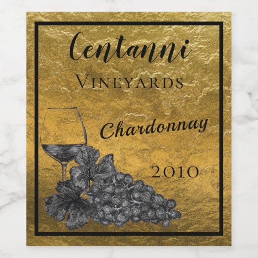 Wein Glas Trauben Gold Hintergrund Weinetikett (Einzelnes Label)
