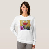 Wein-Glas u. rosa Rosen-Damen-lange Hülse T-Shirt (Vorne ganz)