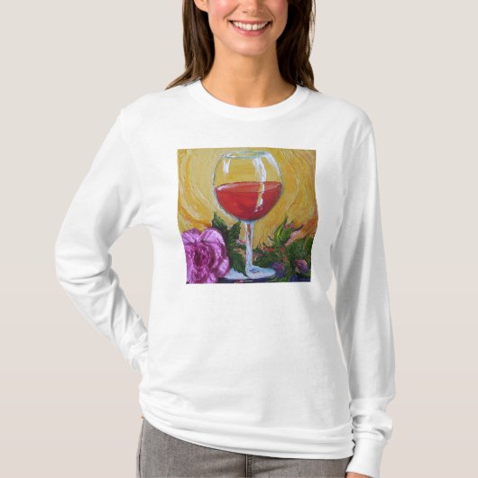 Wein-Glas u. rosa Rosen-Damen-lange Hülse T-Shirt (Vorderseite)