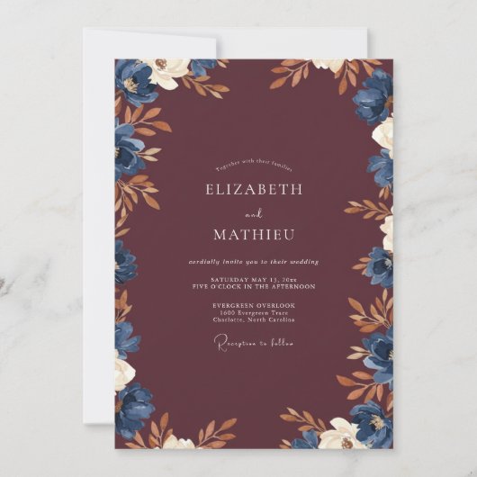 Wein Indigo Blatt Hochzeit Einladung (Vorderseite)