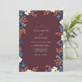 Wein Indigo Blatt Hochzeit Einladung (Stehend Vorderseite)