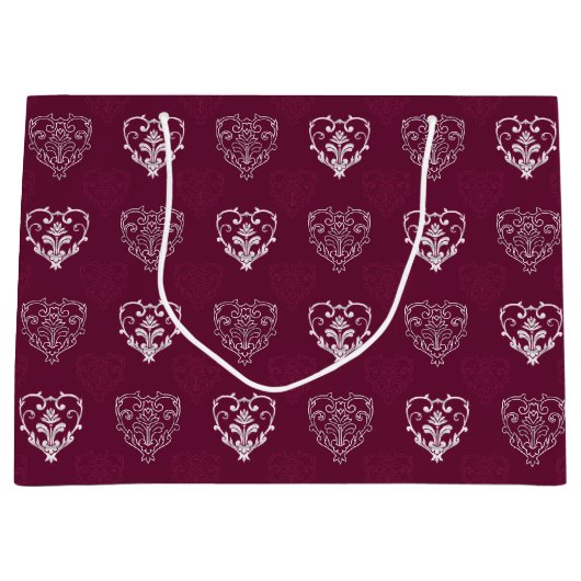 Wein Lila & Silberherz Gemustert Große Geschenktüte (Vorderseite)